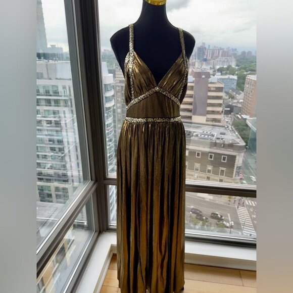 🆕 BRONX & BANCO 🧿 NWOT Star Metallic Maxi Dress w Dramatic Slits - Sz S US 4 - Picture 5 of 16